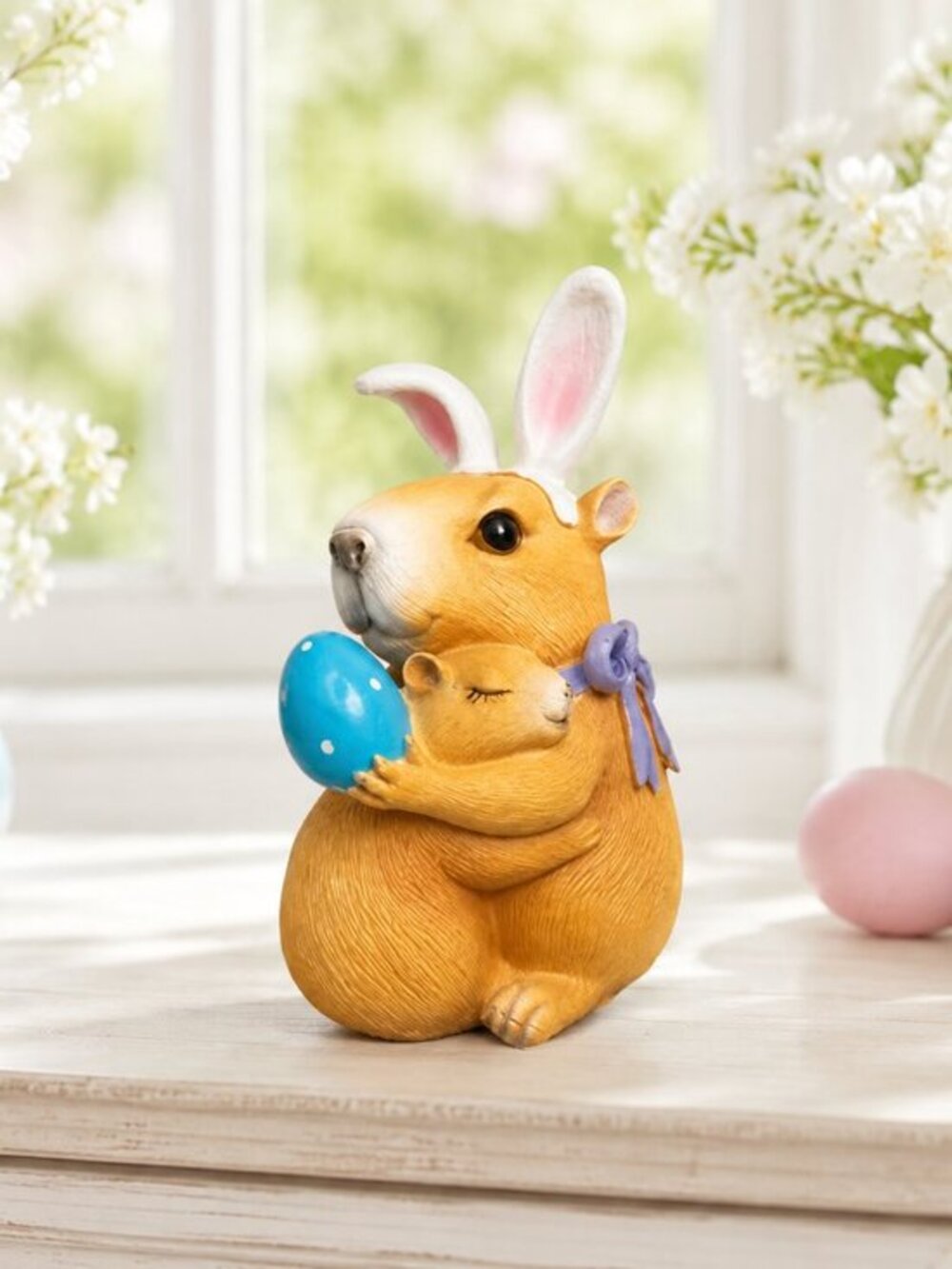 Easter Bunny Capybara Mommy & Baby Resin Statue Blue Egg Spring Decor NWT 9”